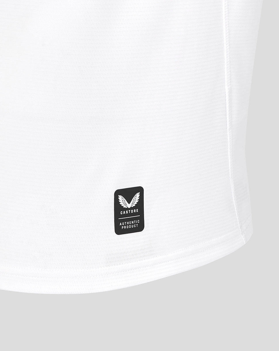 White t-shirt with a black logo on a white background