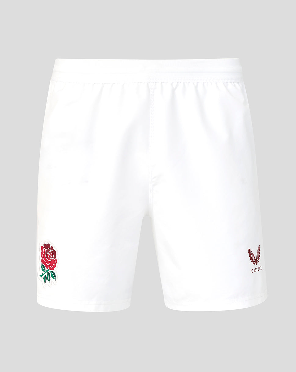 White shorts with a red rose emblem on a gray background