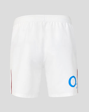 White shorts with a brand logo on a light gray background