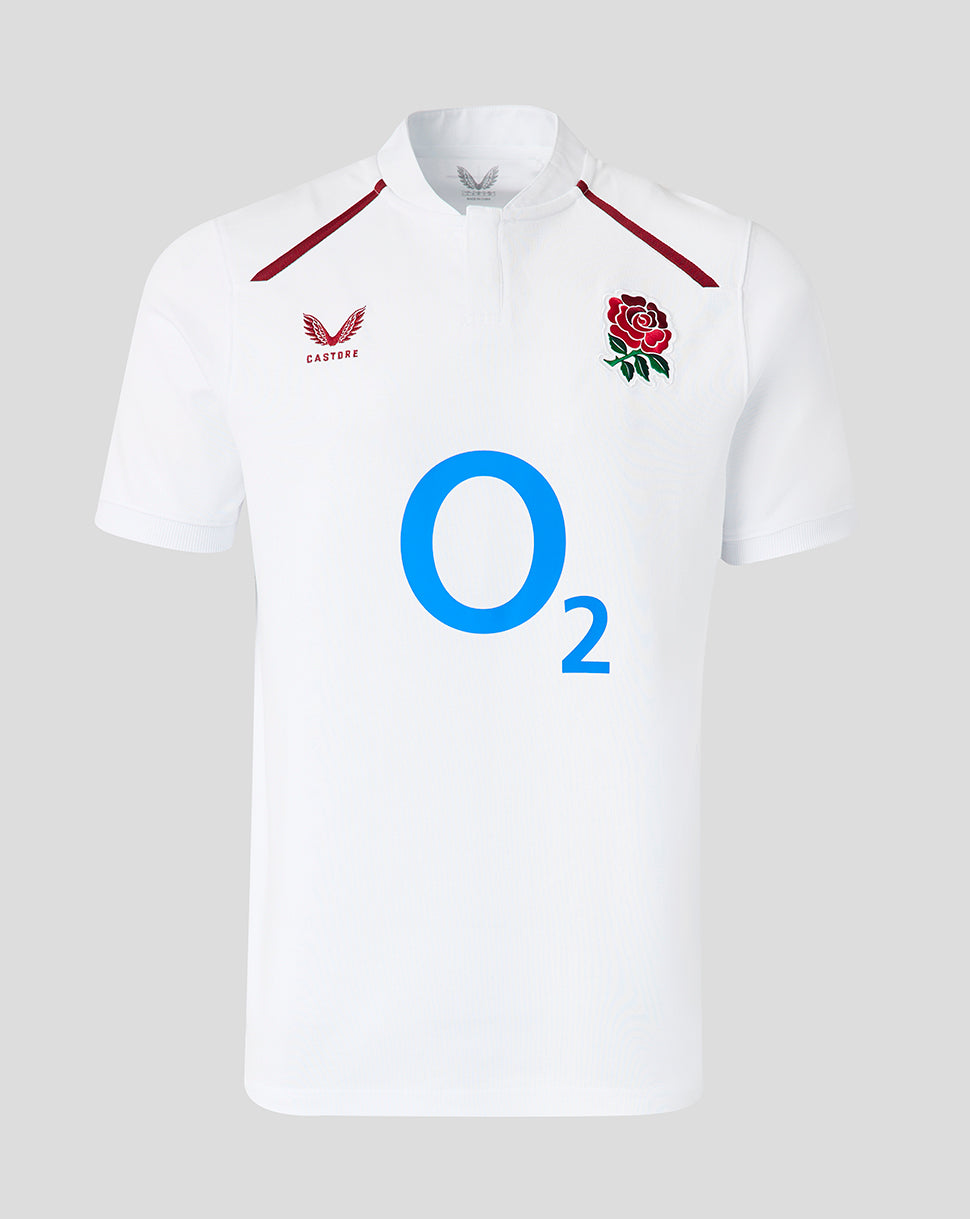 White sports jersey with red accents, a rose emblem, and 'O2' branding on a gray background