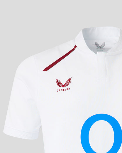 White polo shirt with red accents and a visible brand logo on a gray background