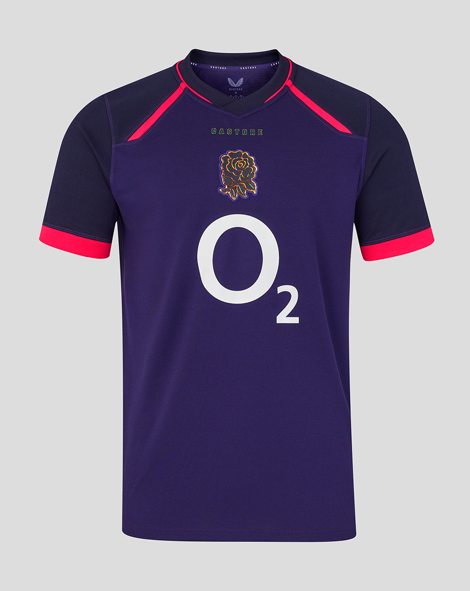 Navy sports jersey with red accents and 'O2' logo on a gray background