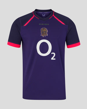 Navy sports jersey with red accents and 'O2' logo on a gray background