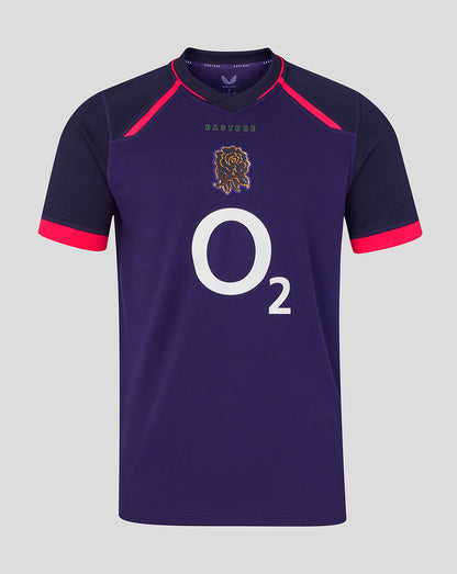 Navy sports jersey with red accents and 'O2' logo on a gray background