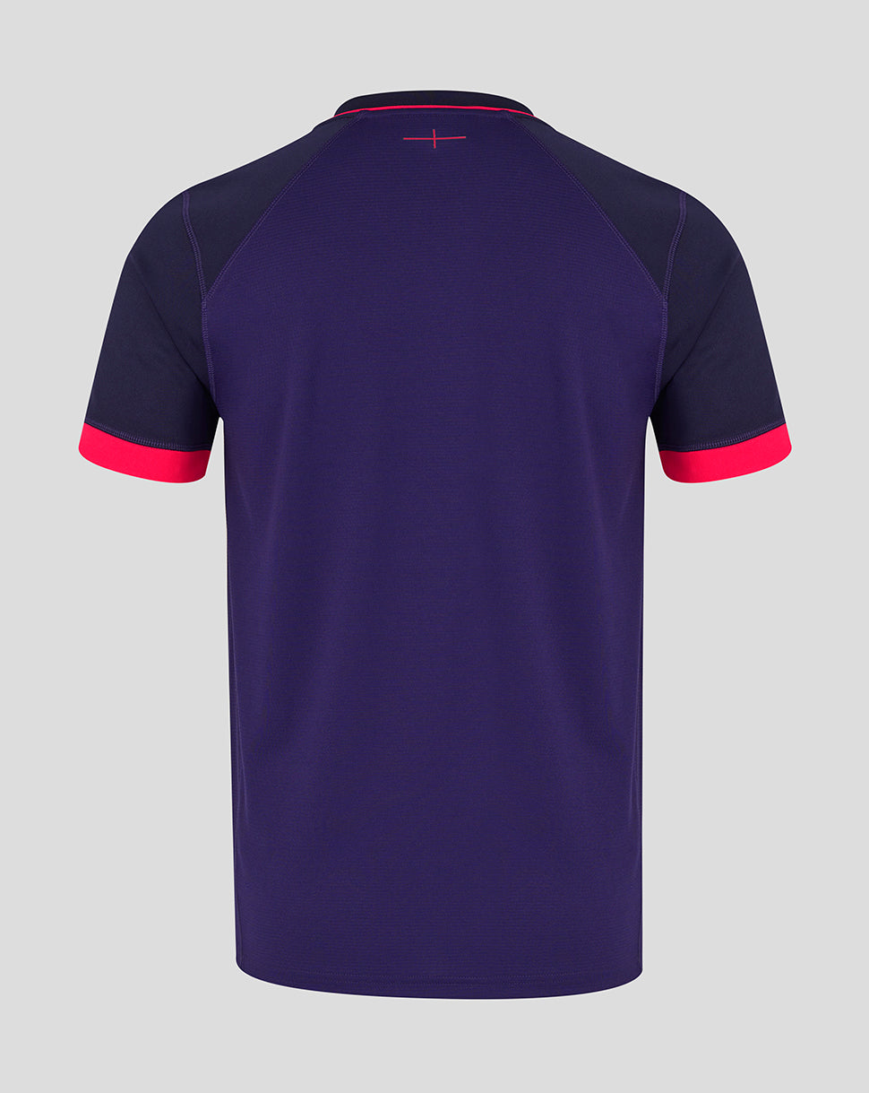 Navy blue sports jersey with red accents on a gray background