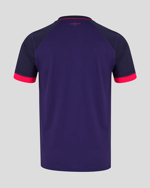Navy blue sports jersey with red accents on a gray background