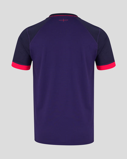 Navy blue sports jersey with red accents on a gray background