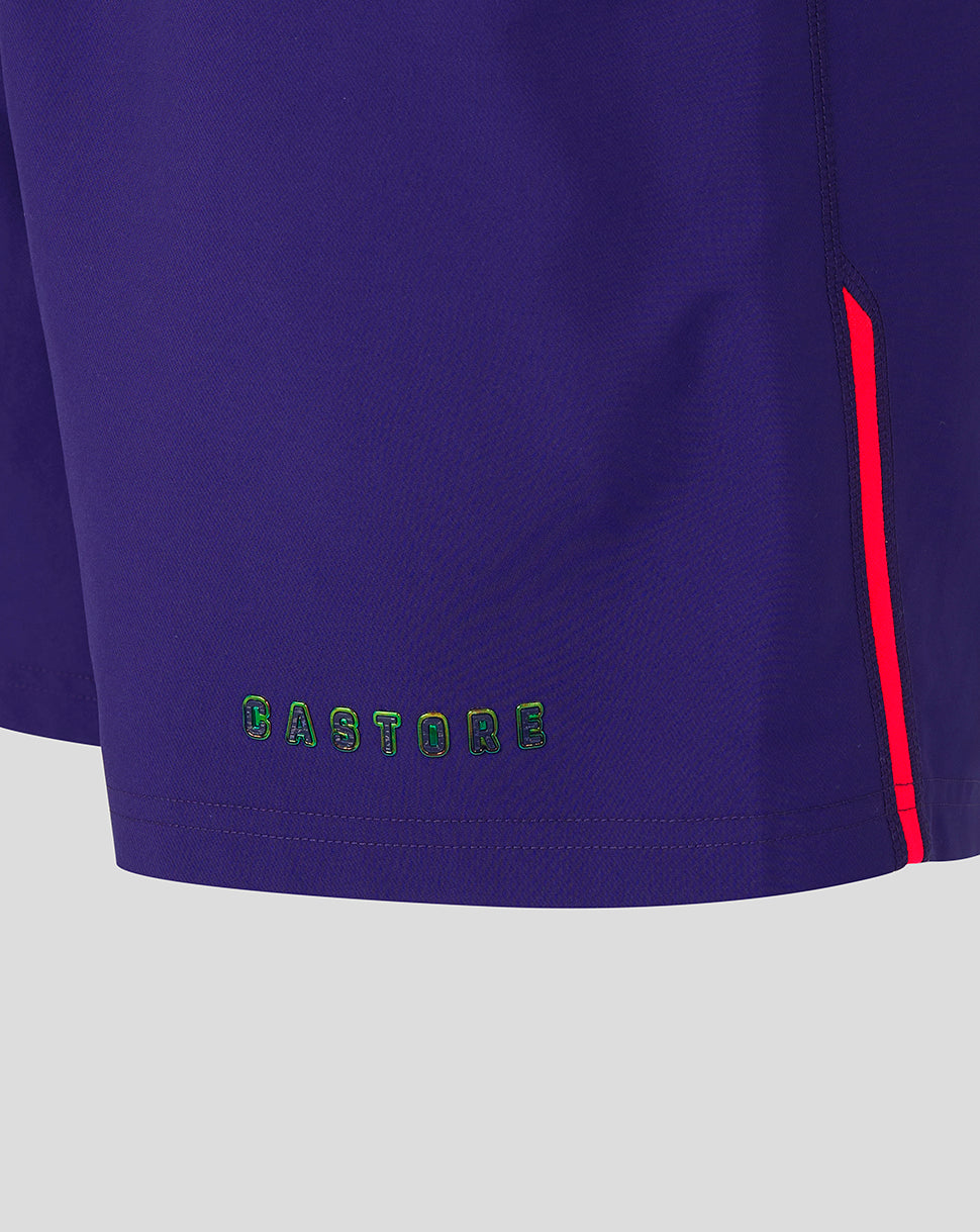Navy shorts with a red stripe and 'CASTORE' branding on a light gray background