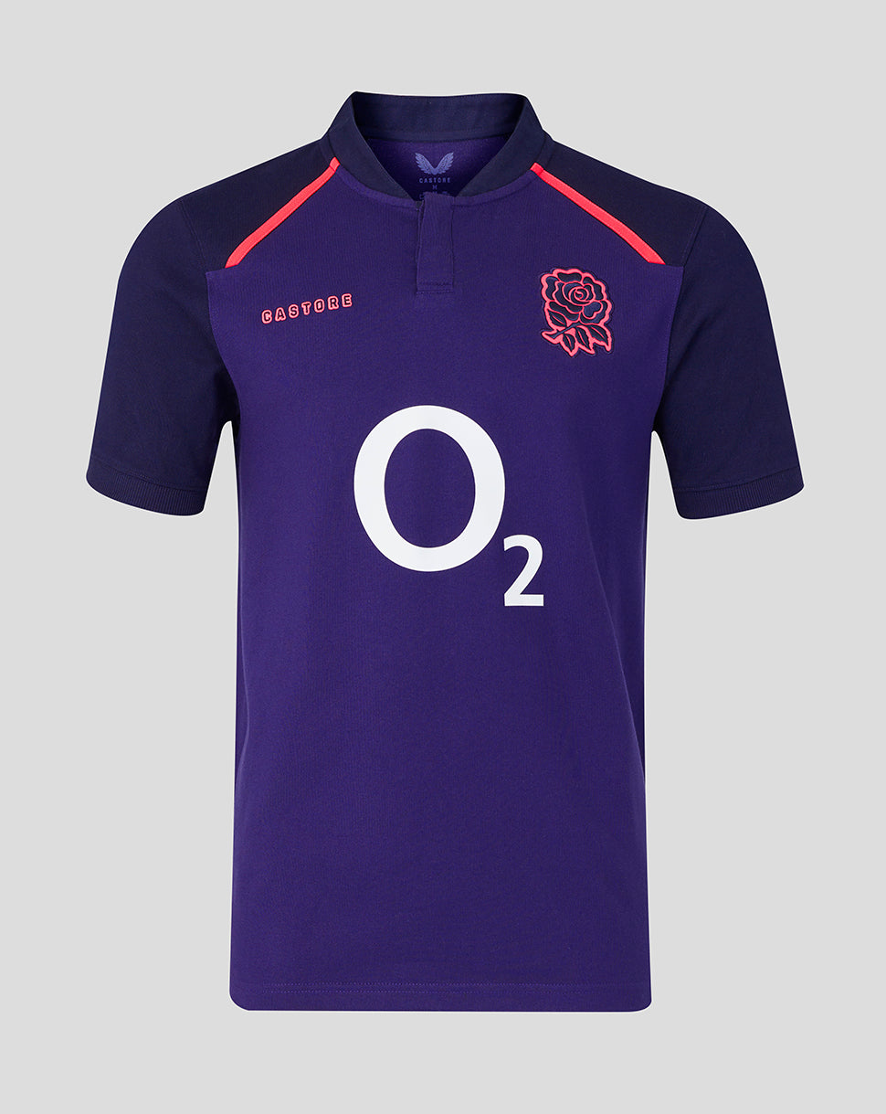 Purple sports jersey with red accents and branding on a gray background