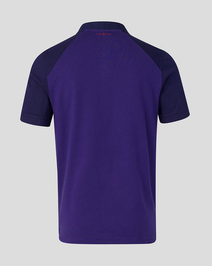 Purple polo shirt with a small logo on the chest against a light gray background