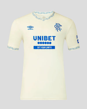 Light yellow sports jersey with blue and black text and branding on a light gray background