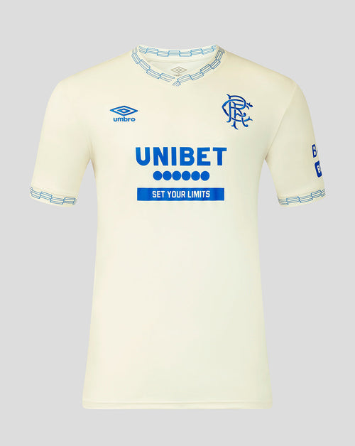 Light yellow sports jersey with blue and black text and branding on a light gray background