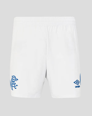 White shorts with blue logos on a light gray background