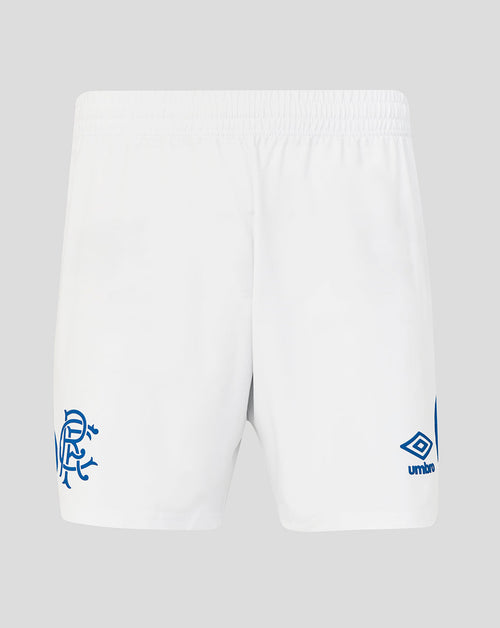 White shorts with blue logos on a light gray background