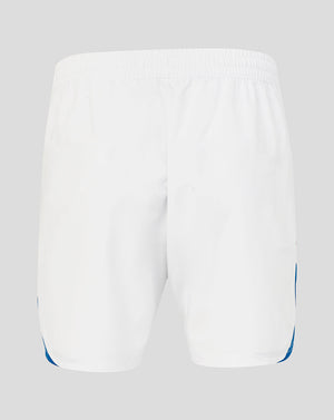 White shorts with blue accents on a light gray background