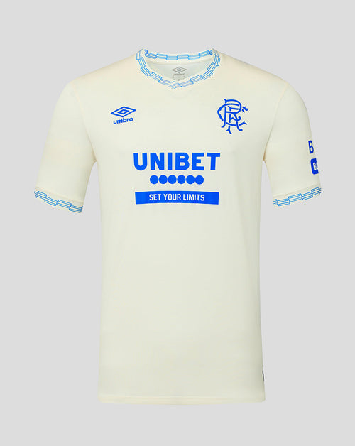 White sports jersey with blue branding on a light gray background