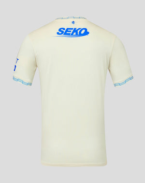 White t-shirt with blue 'SEKO' logo on a light gray background