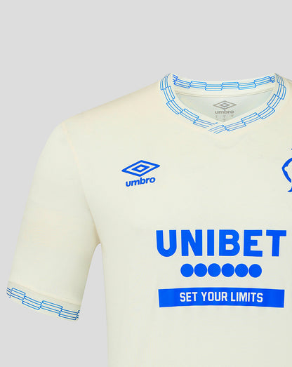 White sports jersey with blue accents and branding on a light gray background