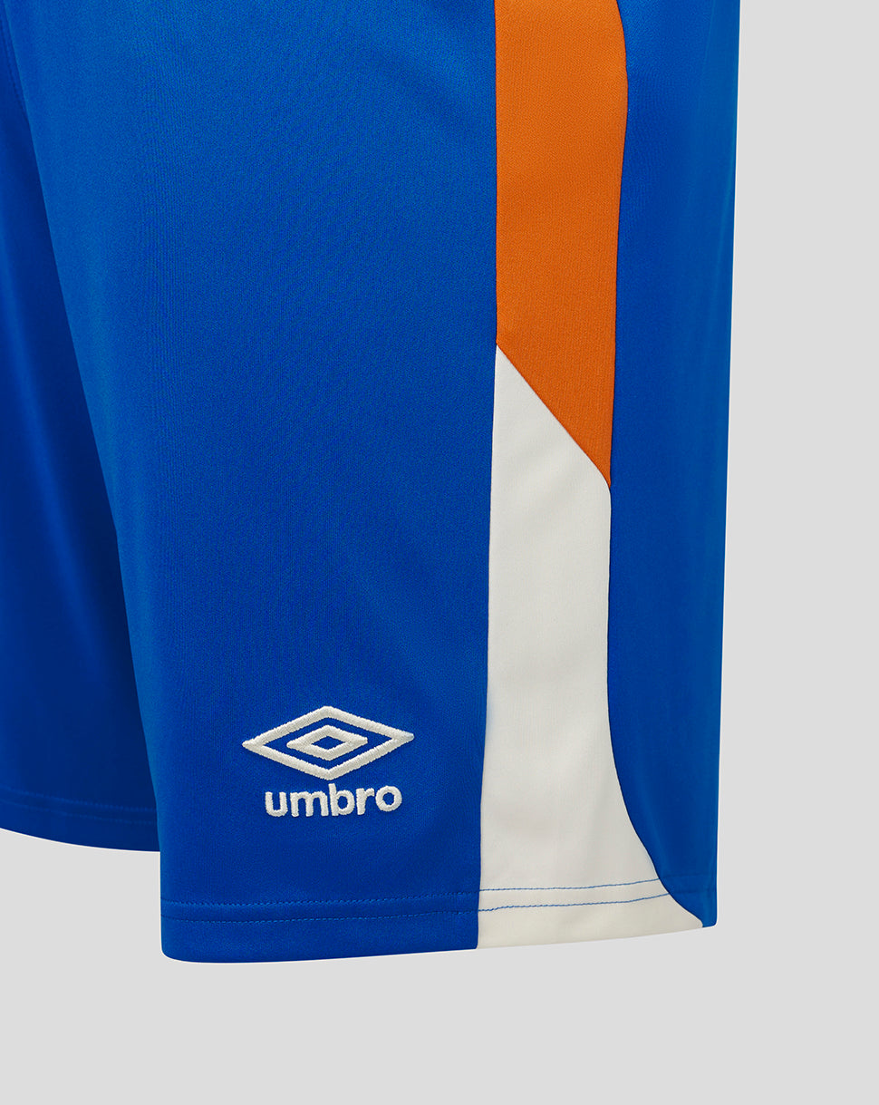 Blue sports shorts with orange and white accents and Umbro logo on a gray background