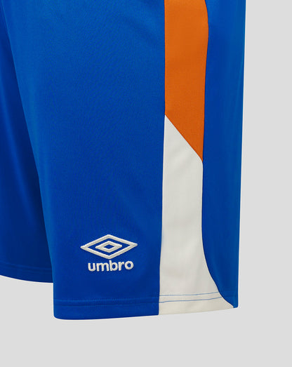 Blue sports shorts with orange and white accents and Umbro logo on a gray background