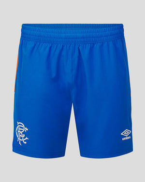 Blue shorts with a logo on a gray background