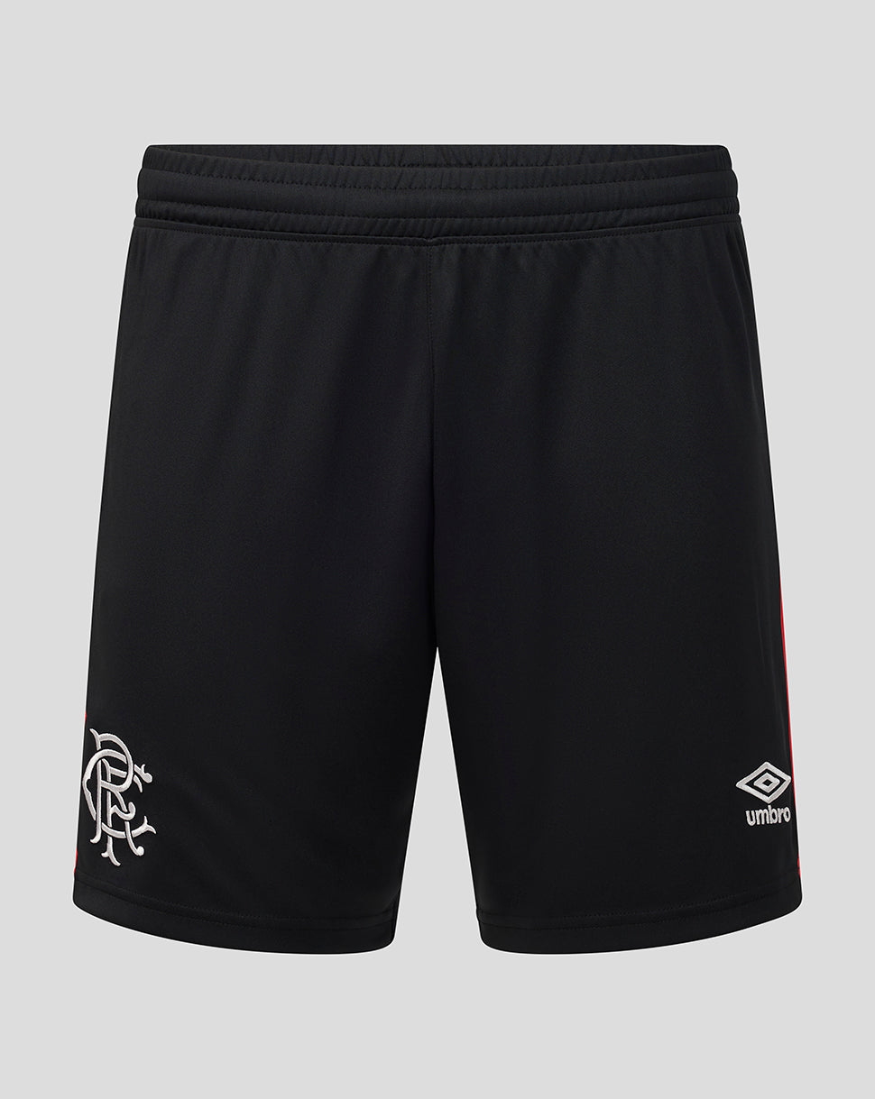 Black athletic shorts with an elastic waistband, featuring the white Rangers FC crest on the left leg and the white Umbro logo on the right leg, set against a solid gray background.