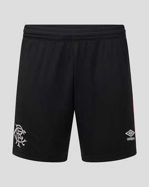 Black athletic shorts with an elastic waistband, featuring the white Rangers FC crest on the left leg and the white Umbro logo on the right leg, set against a solid gray background.
