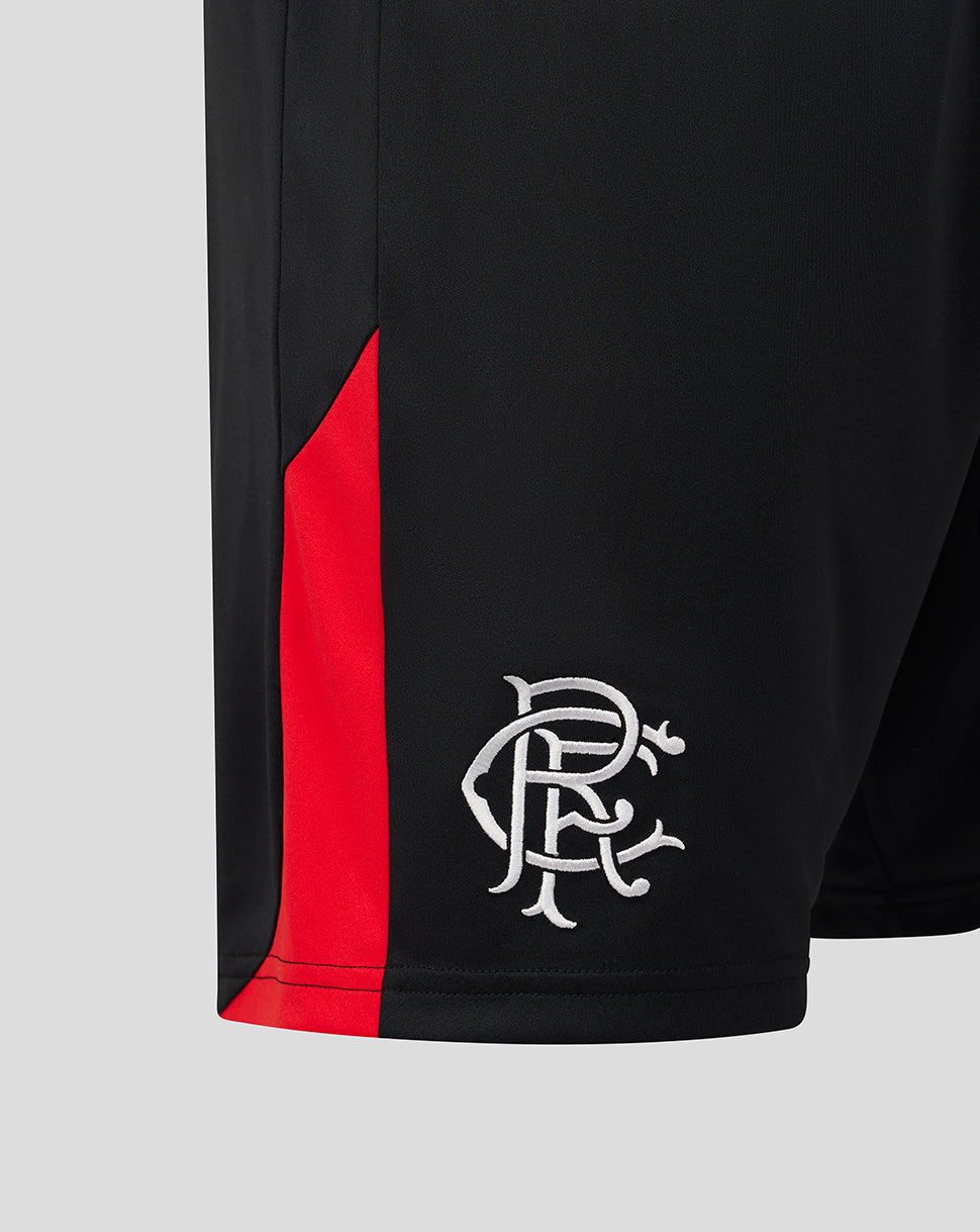 Close-up of black athletic shorts with a red side panel and a white stylized 'Rangers' logo near the hem, shown on a light gray background.