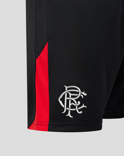 Close-up of black athletic shorts with a red side panel and a white stylized 'Rangers' logo near the hem, shown on a light gray background.