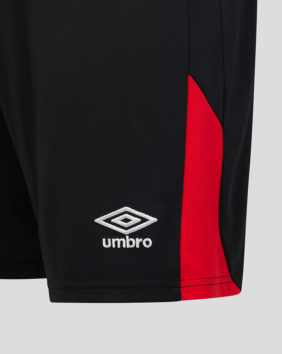Black shorts with red accent and Umbro logo on a light gray background