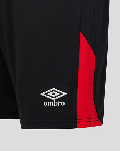 Black shorts with red accent and Umbro logo on a light gray background