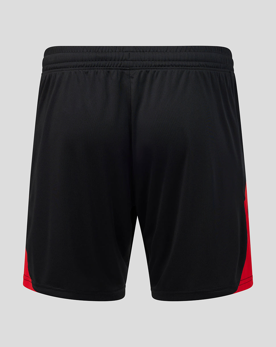 Black athletic shorts with red side panels, shown from the back on a light gray background.
