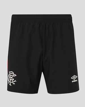 Black athletic shorts with a white Rangers crest on the left leg and a white Umbro logo on the right leg, shown against a light gray background.