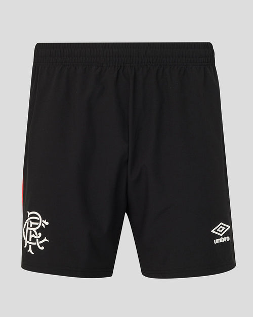 Black athletic shorts with a white Rangers crest on the left leg and a white Umbro logo on the right leg, shown against a light gray background.