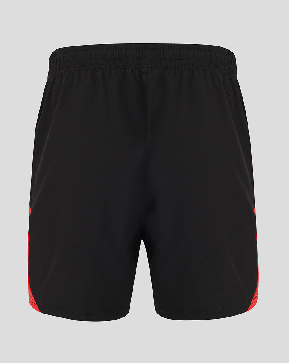 Black athletic shorts with red side accents, shown from the back on a light gray background.