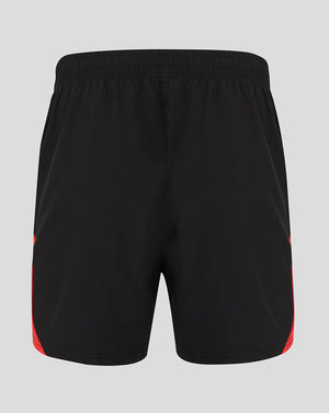 Black athletic shorts with red side accents, shown from the back on a light gray background.