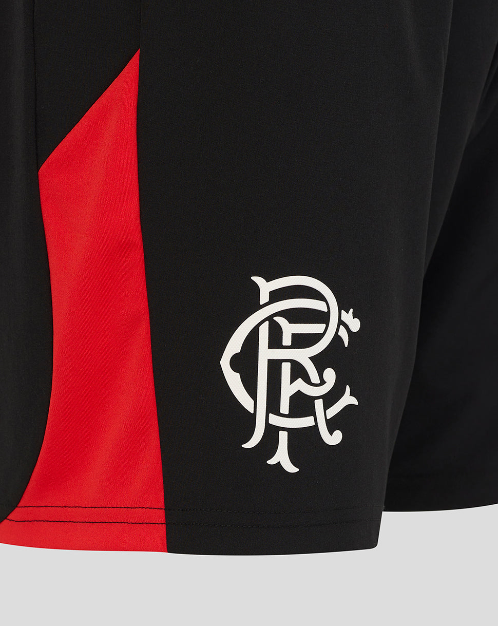 Close-up of a black athletic shorts leg featuring a bold red side panel and a white stylized 'Rangers' club logo on the lower leg.