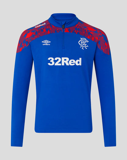 A royal blue long-sleeve half-zip training top with red patterned shoulder panels, featuring the white Umbro logo, 32Red sponsor logo, and Rangers FC crest on a light gray background.