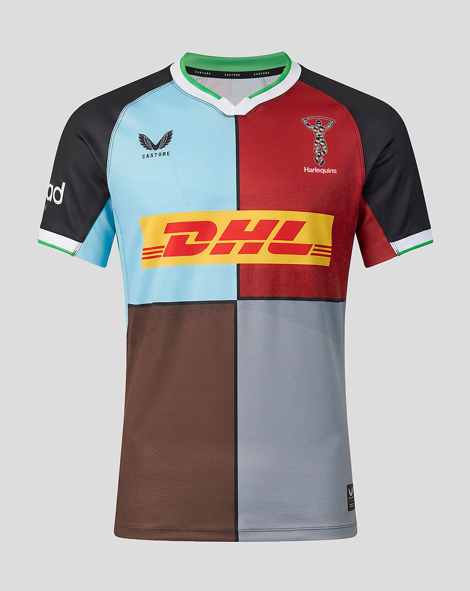Front view of Harlequins Men's 2026/27 Home Pro Shirt with large DHL sponsor and four quarter color block design