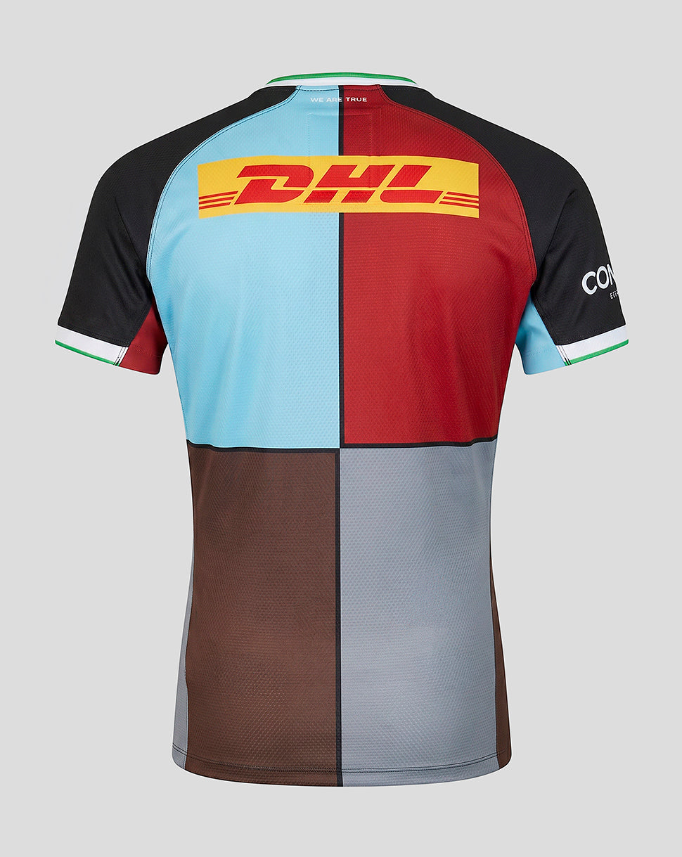 Back view of Harlequins 2026/27 Home Pro Shirt featuring multicolor quartered panels and a prominent DHL logo across the back.
