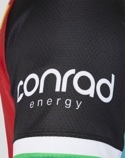 Close-up of a sports jersey with 'Conrad Energy' logo on a black background