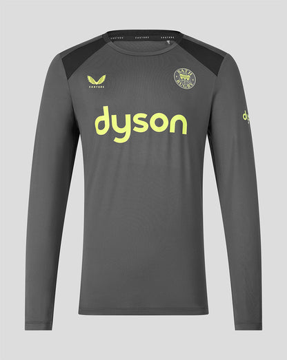 A dark gray long-sleeve athletic jersey with black shoulder panels, featuring a lime green Dyson logo across the chest, a Bath Rugby club crest on the left chest, and a yellow Castore logo on the right chest, shown against a light gray background.