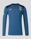 Blue Leicester Tigers training long sleeve top featuring crest and Breedon sponsor logo with breathable mesh panels