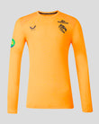 Front view of bright orange Leicester Tigers training top with Castore wing logo on left chest and Breeden branding on right chest.