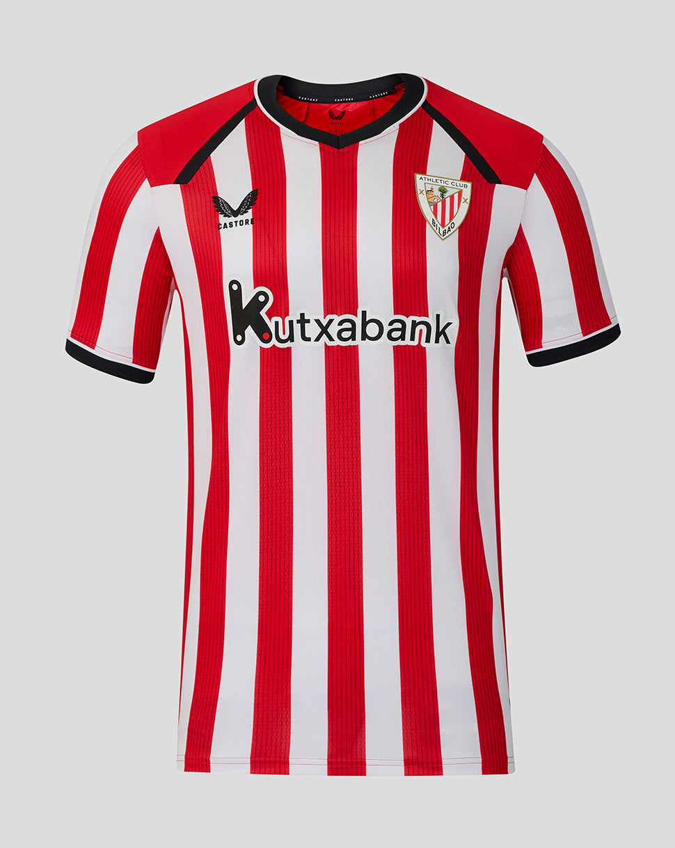Front view of Athletic Club Men's 26/27 Home Pro Shirt with red and white vertical stripes and Kutxabank sponsor logo