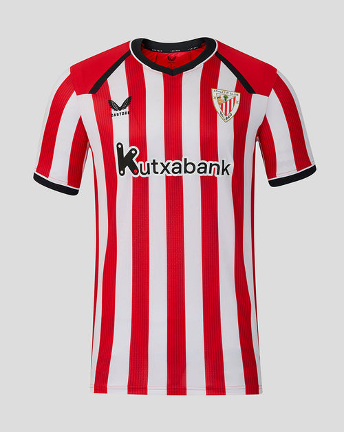 Front view of Athletic Club Men's 26/27 Home Pro Shirt with red and white vertical stripes and Kutxabank sponsor logo