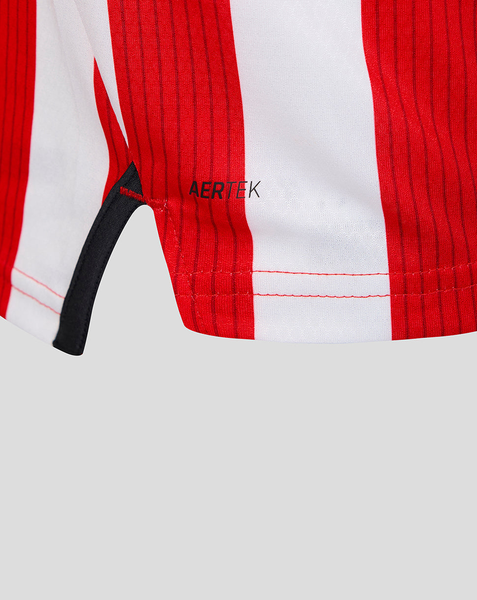 Detail of Athletic Club home shirt with red and white vertical stripes and AerTek branding.