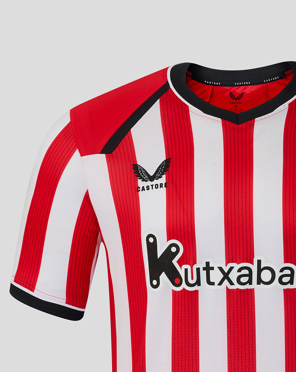 Athletic Club home pro shirt close up with red and white vertical stripes and Kutxabank sponsor