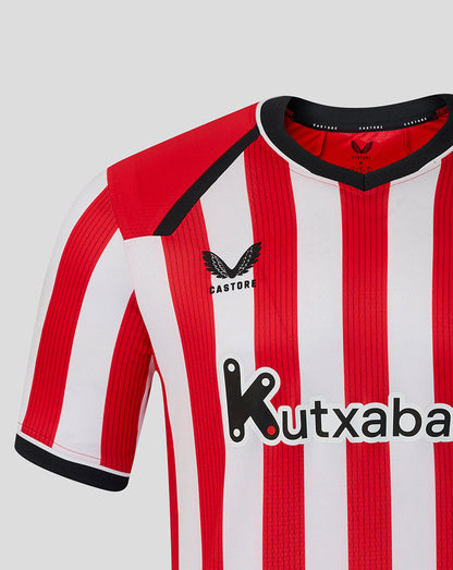 Athletic Club home pro shirt close up with red and white vertical stripes and Kutxabank sponsor