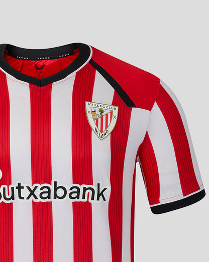 Athletic Club home pro shirt close up showing crest badge on striped jersey